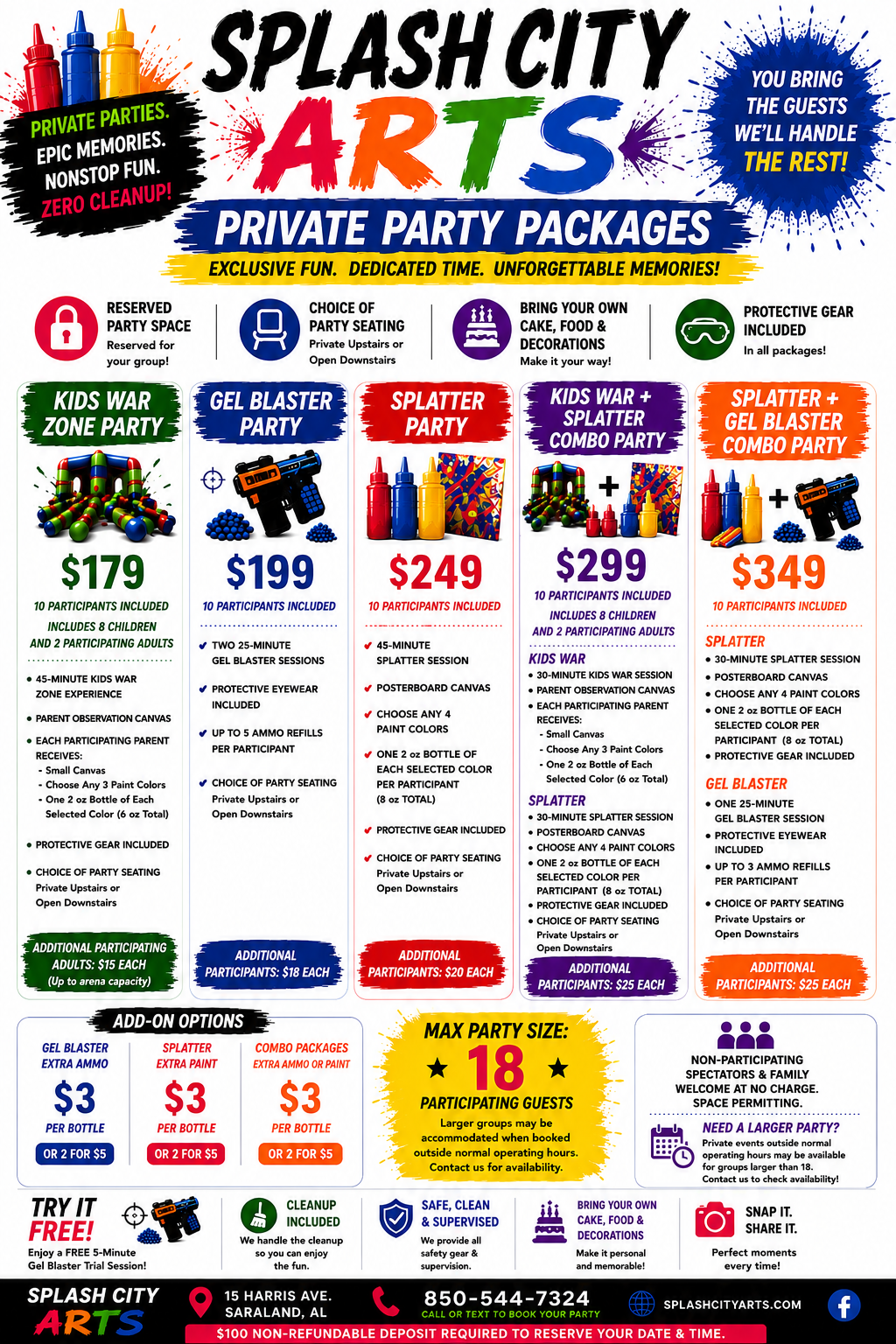 🎉 Private Party Packages Starting at $179  To book a party, please call or text (850) 544-7324.