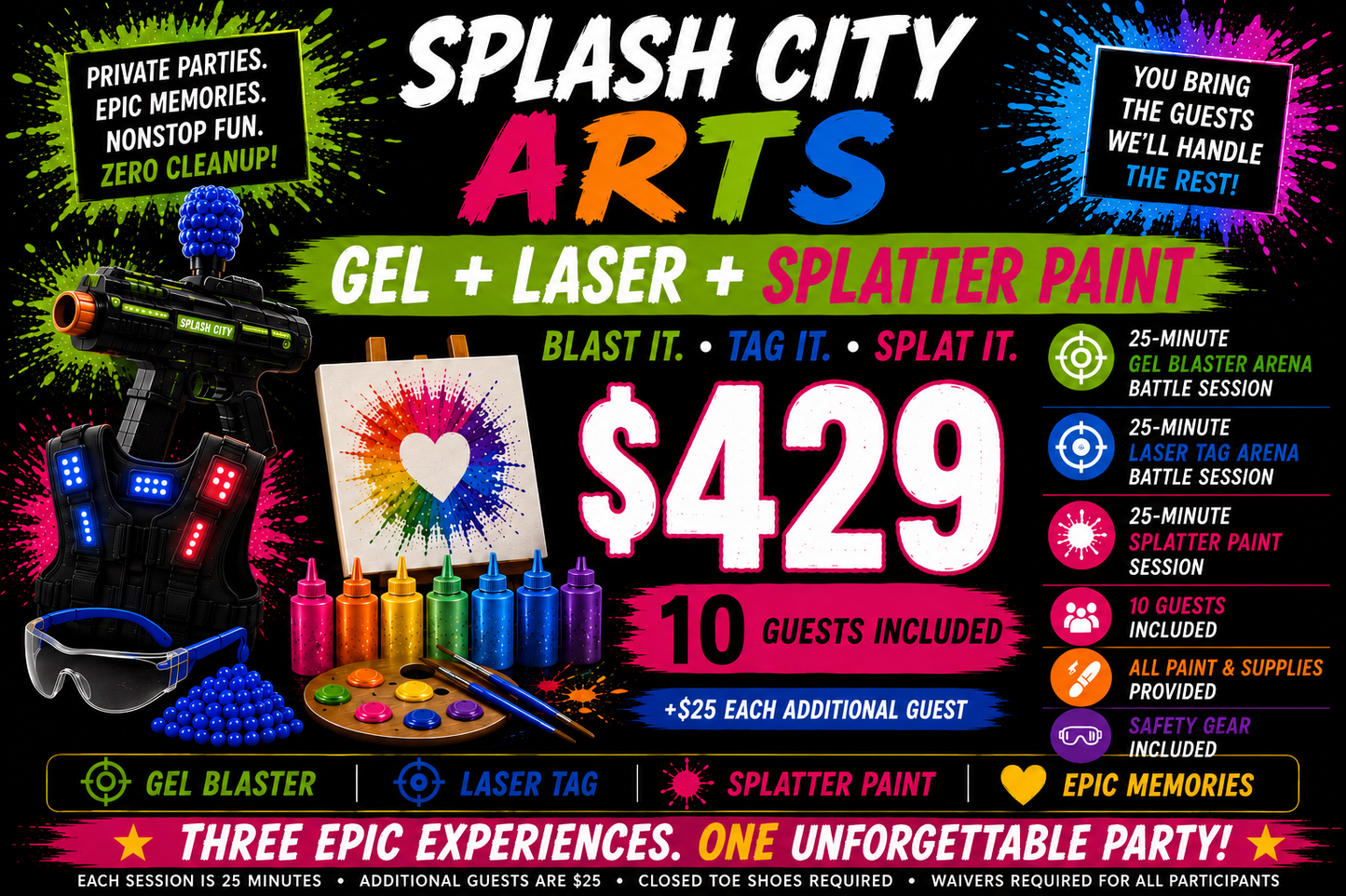 Gel Blaster + Laser Tag + Splatter Paint Party — $429