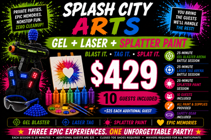 Gel Blaster + Laser Tag + Splatter Paint Party — $429